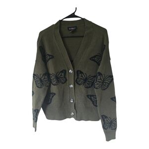 Runway Cardigan Women Sz M Green Long Sleeve Button Up Butterfly Novelty Print